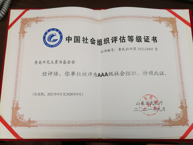 青岛市见义勇为基金会再次获评山东省3A等级社会组织(图2) 青岛市见义勇为基金会再次获评山东省3A等级社会组织(图2)